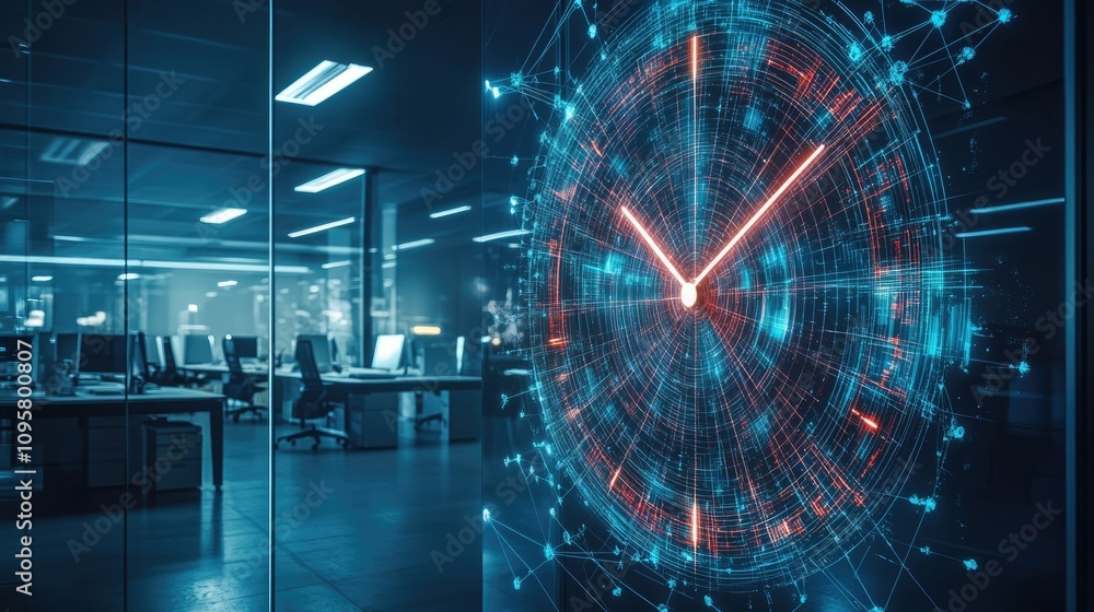 Poster A high-tech digital clock with glowing, mesh-like lines representing data analytics, time management, and productivity in an office setting