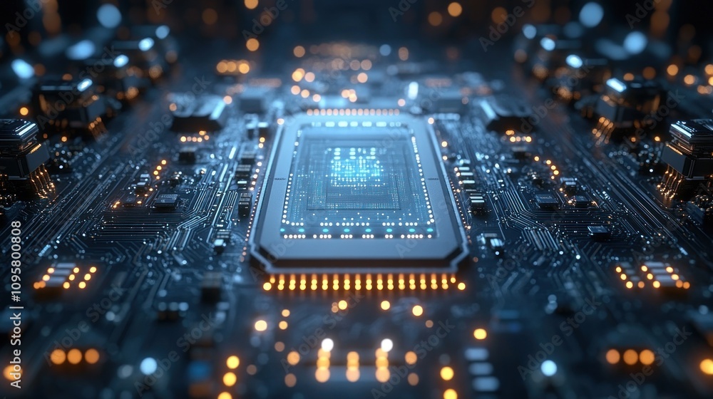 Aufkleber high-tech circuit board: a close-up view of microchips and integrated circuits