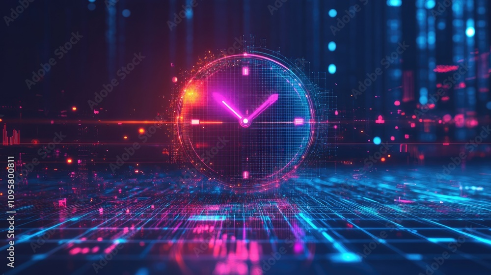 Poster A high-tech digital clock with glowing, mesh-like lines representing data analytics, time management, and productivity in an office setting