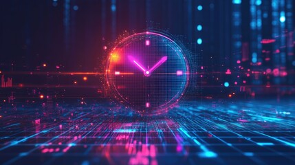 A high-tech digital clock with glowing, mesh-like lines representing data analytics, time management, and productivity in an office setting