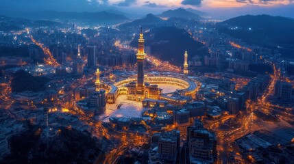 Fototapeta premium Panoramic view of Makkah, the Kaaba in the center, grand minarets and architecture, dusk lighting creating a peaceful atmosphere 
