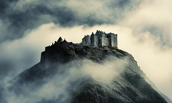 Dramatic Mountain Fortress Amidst Fog and Clouds Under a Stormy Sky, Evoking Mystery and Adventure in a Remote Landscape