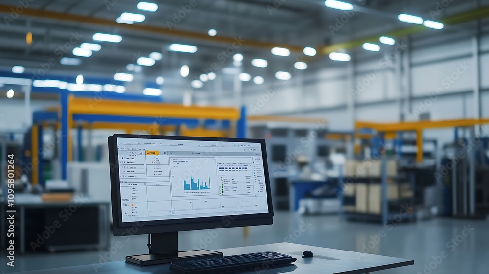 Poster a computer displaying data in a modern industrial workspace.