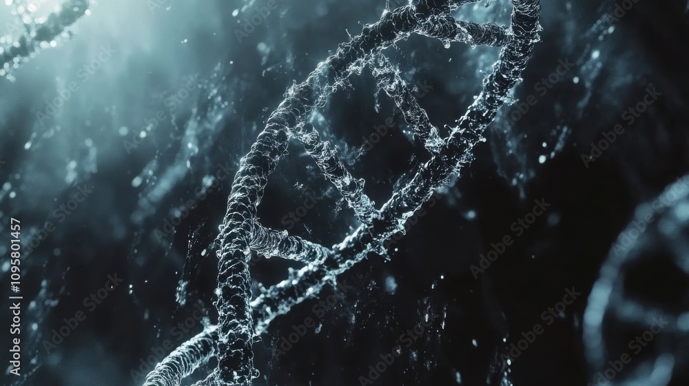 Poster intricate close-up view of dna helix structure surrounded by ethereal light and particles, represent
