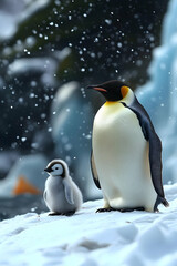 Fototapeta premium Emperor Penguin Chick and Parent in Snow