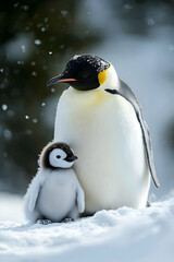 Fototapeta premium Emperor Penguin and Chick in Snowy Landscape Photo