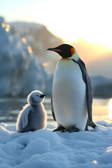 Obraz premium Emperor Penguin and Chick in Sunset