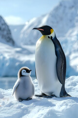 Fototapeta premium Emperor Penguin and Chick in Snowy Landscape - Realistic Wildlife Photo