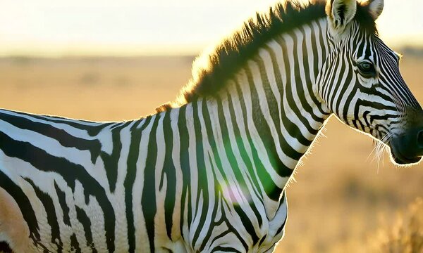 A zebra standing in a field with the sun shining on it. The zebra is looking straight ahead, and the field is dry and brown