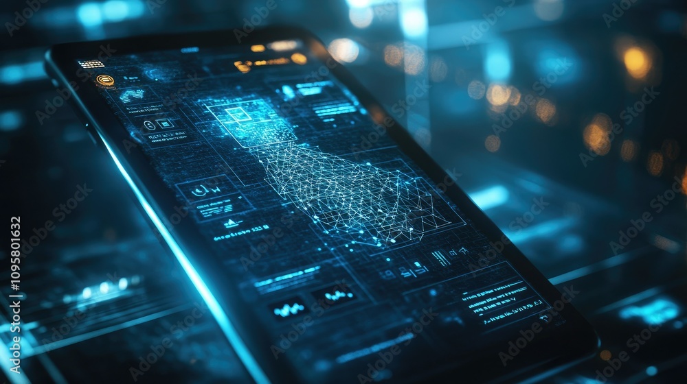 Poster A smartphone screen with a glowing mesh interface displaying a business app, surrounded by high-tech dynamic elements and sleek visuals