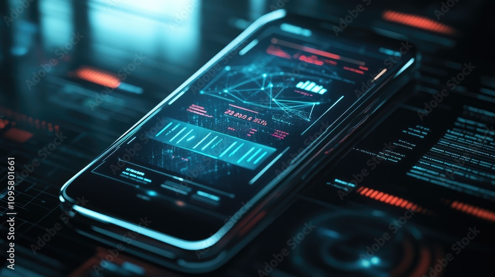 Aufkleber A smartphone screen with a glowing mesh interface displaying a business app, surrounded by high-tech dynamic elements and sleek visuals