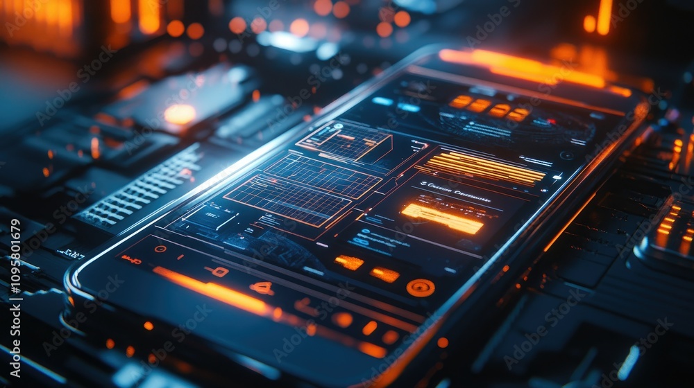 Poster A smartphone screen with a glowing mesh interface displaying a business app, surrounded by high-tech dynamic elements and sleek visuals