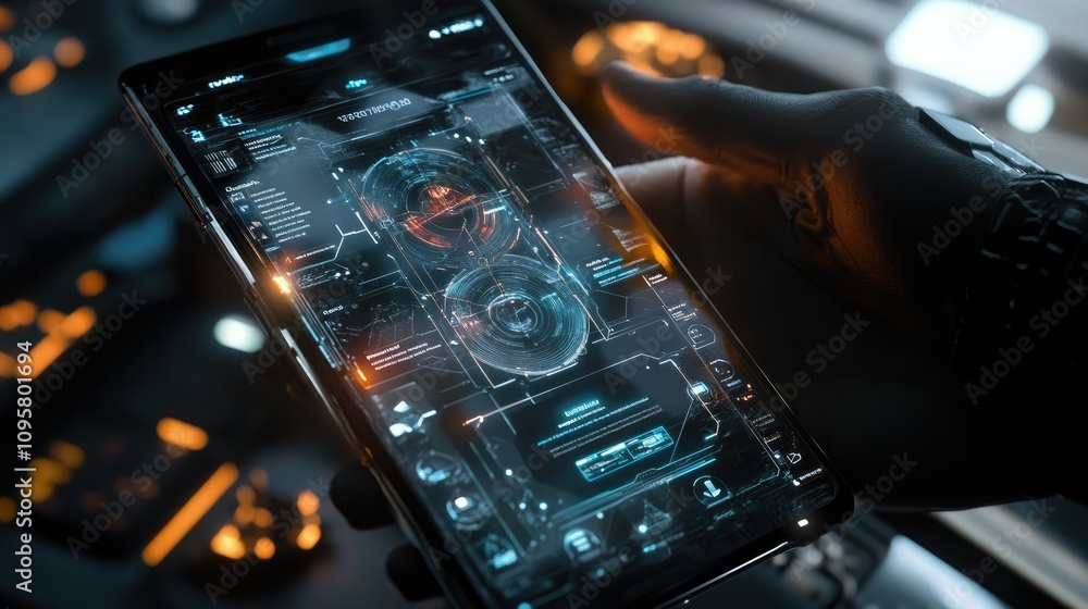 Poster A smartphone screen with a glowing, mesh-like interface featuring a business application, sleek futuristic elements, and dynamic holographic design