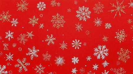 Golden Snowflakes on Vibrant Red Background

