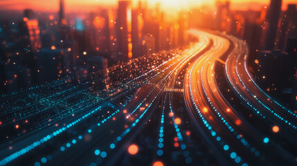 Smart digital Innovation city with connection network reciprocity over the cityscape. of future smart wireless digital city and social media networking systems that connects people with in city