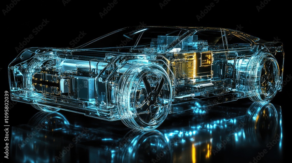 Poster A transparent electric vehicle battery pack, highlighting complex internal circuits and cooling systems designed for optimal performance