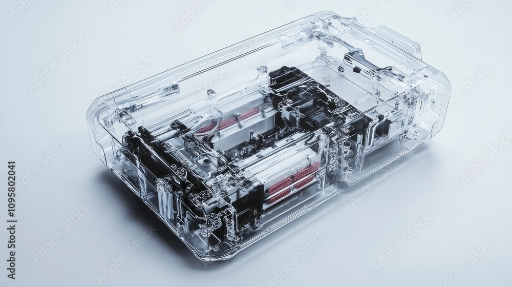 Poster A transparent electric vehicle battery pack, highlighting complex internal circuits and cooling systems designed for optimal performance