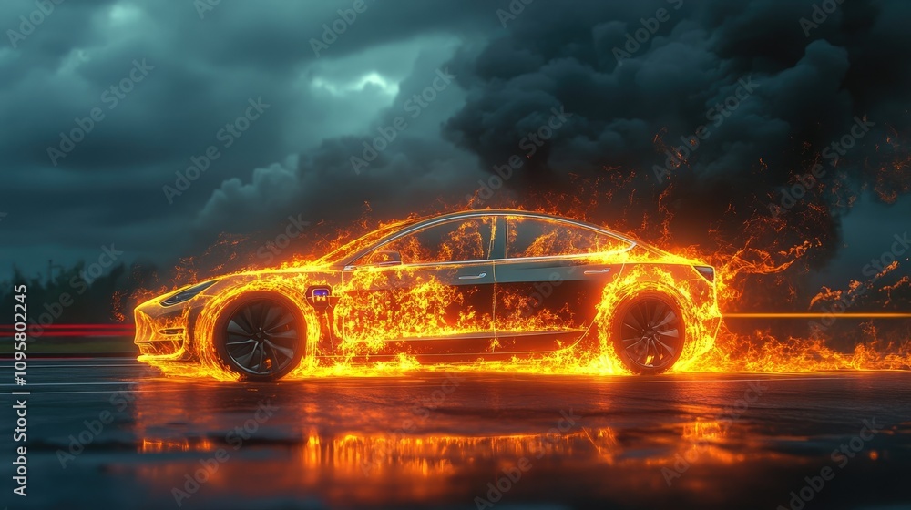 Poster a visual representation of the risks of electric vehicle battery overheating, with a focus on the im
