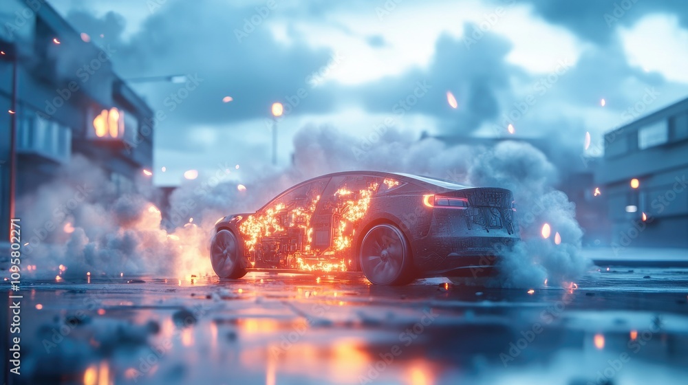 Poster a visual representation of the risks of electric vehicle battery overheating, with a focus on the im