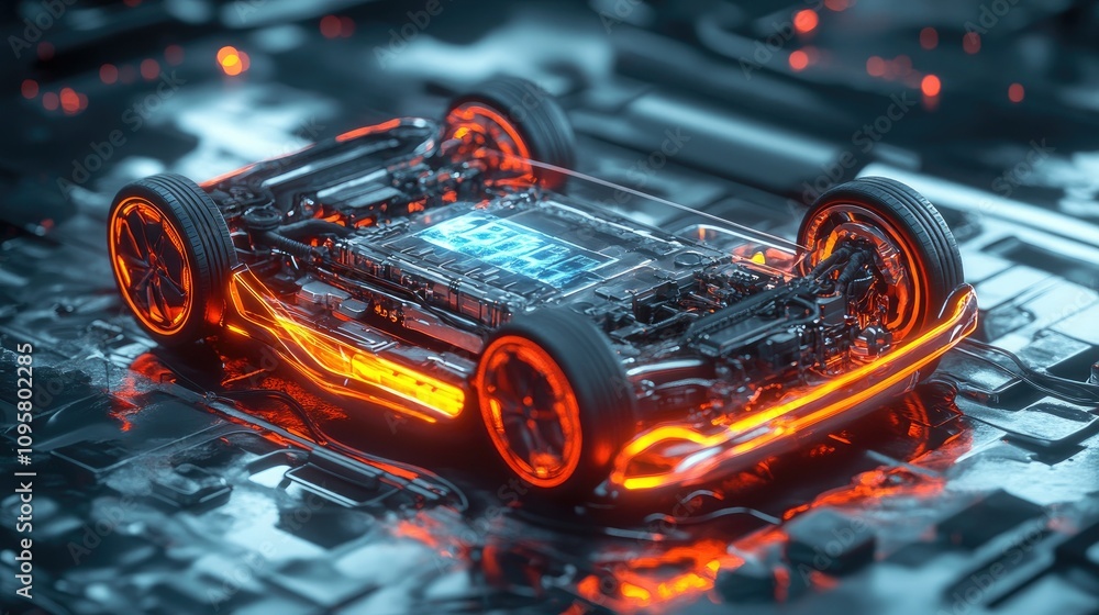 Poster a visual representation of the risks of electric vehicle battery overheating, with a focus on the im