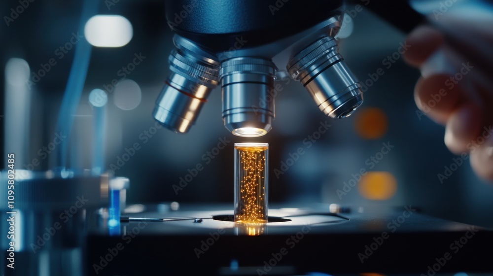 Poster close-up of a laboratory microscope examining a sample with glowing particles, showcasing scientific