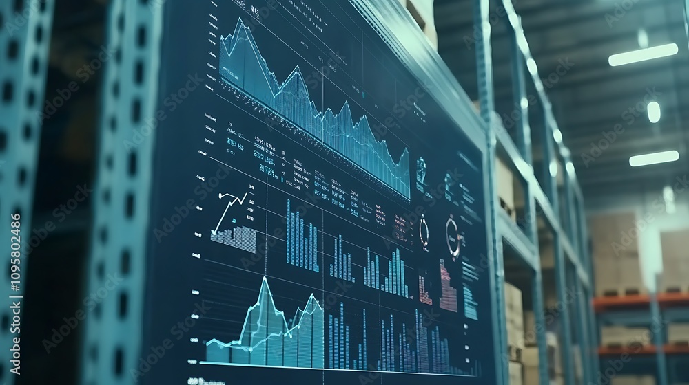 Poster data visualization dashboard displaying analytics in a warehouse setting.