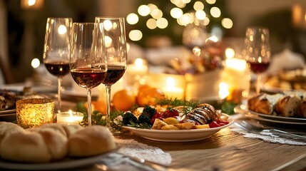 A festive dinner table set with wine, delicious food, and warm candlelight ambiance.