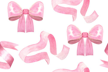 A satin bow, a pink colored ribbon, watercolor seamless pattern isolated on white. Hand drawn design elements perfect for wrapping paper, textile, background, websites, cards, poster, mother day decor