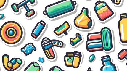 Collection of dynamic and energetic fitness inspired sticker designs featuring various gym equipment like dumbbells  yoga mats  and water bottles in a vibrant and stylized format