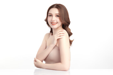 Obraz premium Beautiful young asian woman with clean fresh skin on white background, Face care, Facial treatment, Cosmetology, beauty and spa, Asian women portrait.