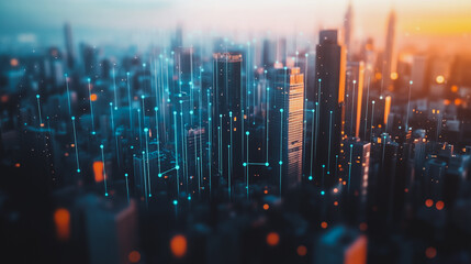 Smart digital Innovation city with connection network reciprocity over the cityscape. of future smart wireless digital city and social media networking systems that connects people with in city