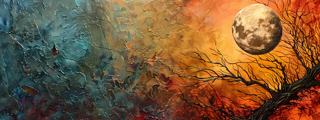 A stunning abstract landscape featuring a full moon and twisted branches against a vibrant sunset background in hues of orange and teal.