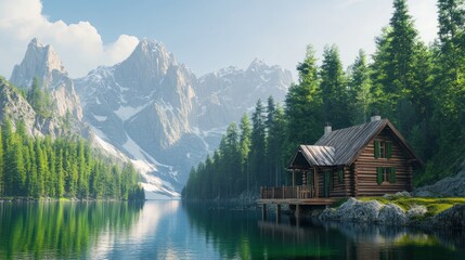 Fototapeta premium Mountain lake cabin.