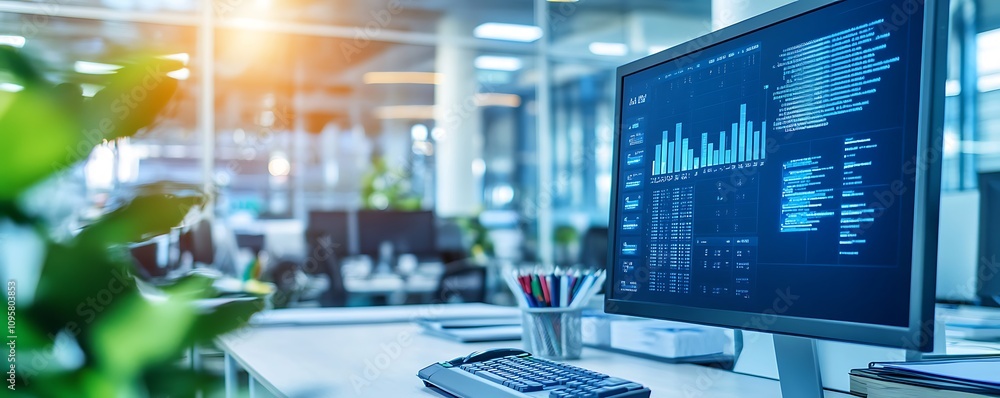  office workspace with a computer displaying data analytics and a plant in the foreground.