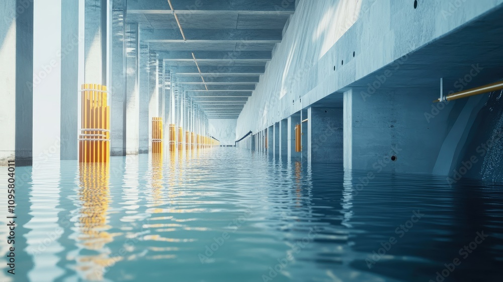 Poster engineers applying waterproofing solutions to tunnel construction beneath lakes and rivers, reinforc