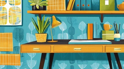 Contemporary Home Office Decor with a Stylish Desk Shelves Displaying Plants and Accents Creating a Productive and Inspiring Workspace Environment