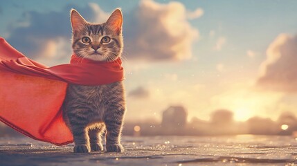 Courageous Cat in Red Cape Standing Confidently on Rooftop Backdrop at Sunset