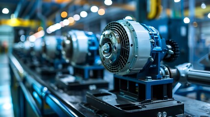 Fototapeta premium Close-up of an automated assembly line showcasing electric motors. High-tech industrial manufacturing in action.