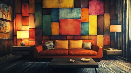 Cozy and vibrant abstract wall decor in a stylish living space featuring a art composition with furniture and ambient lighting that creates a warm and inviting atmosphere
