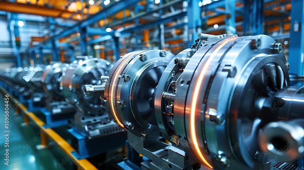 Poster close-up view of machinery on a production line in a modern factory setting showcasing advanced tech