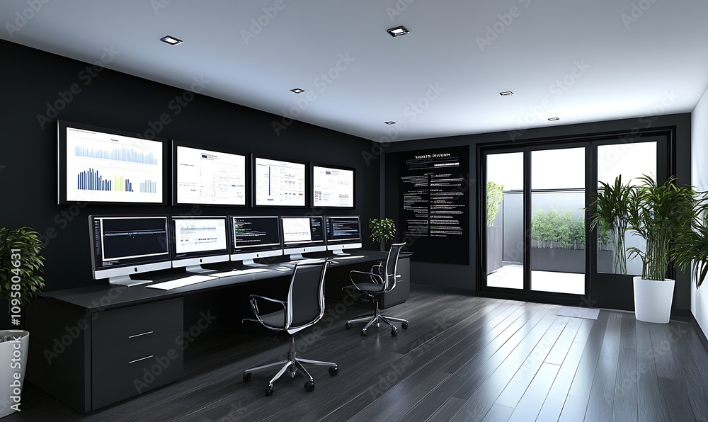 Poster modern office space with multiple computer screens and plants, designed for productivity.