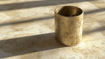 Naklejka premium Rustic cylindrical vase on a textured floor with soft shadows