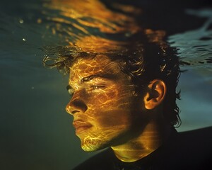 Surfer boy underwater, golden underwater portrait with light reflections, moody swimming abstract art print photography