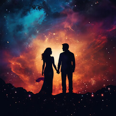 man and woman silhouette set against
an abstract cosmic background
the image should convey a sense
