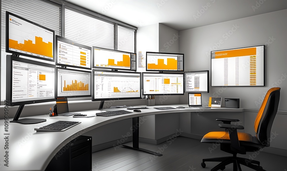 Poster A modern office setup with multiple monitors displaying data and statistics.