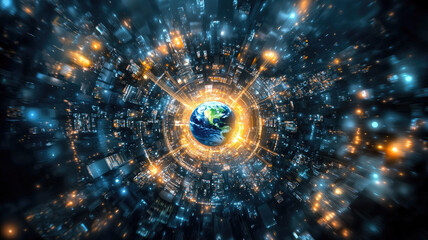 Obraz premium vibrant city at night with glowing Earth at center, showcasing energy and life
