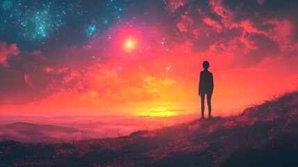 Fototapeta premium Silhouette of a person against a vibrant cosmic sunset.