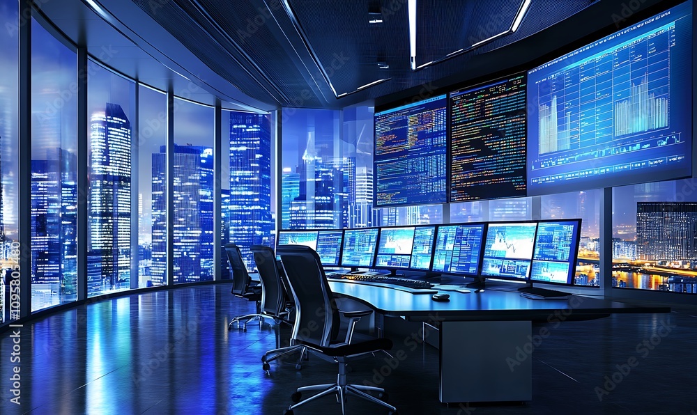 Poster a modern control room with multiple screens displaying data and a city skyline view.