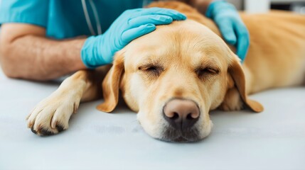 A veterinarian gently cares for a relaxed Labrador retriever in a clinical setting, showcasing the bond between pets and their caregivers.