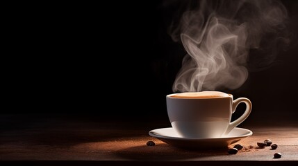 a cup of hot coffee with steam rising, space on the left side Hard Light,generative ai illustration